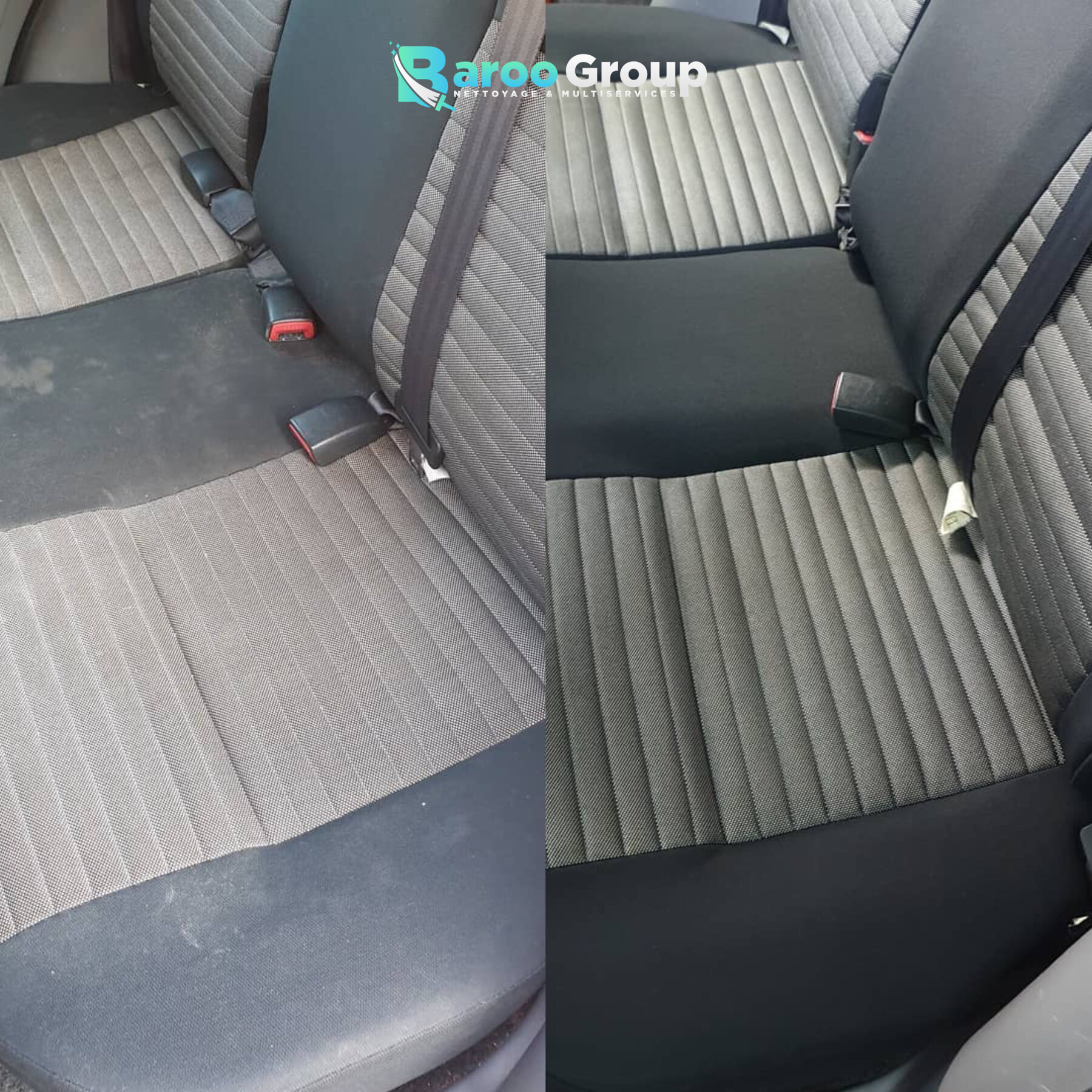 Banquette arrière avant et après nettoyage par Baroo Group