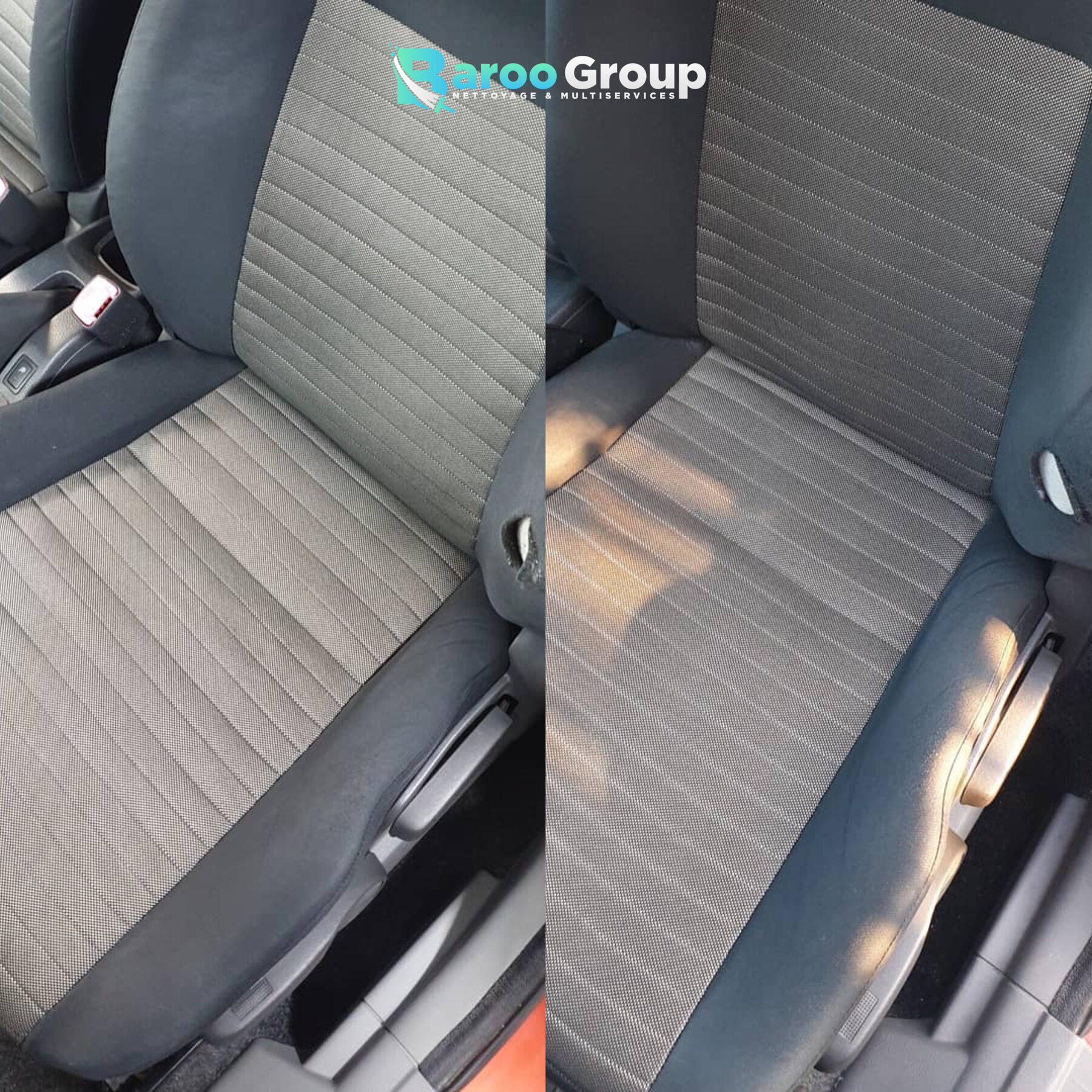 Banquette automobile avant et après nettoyage par Baroo Group