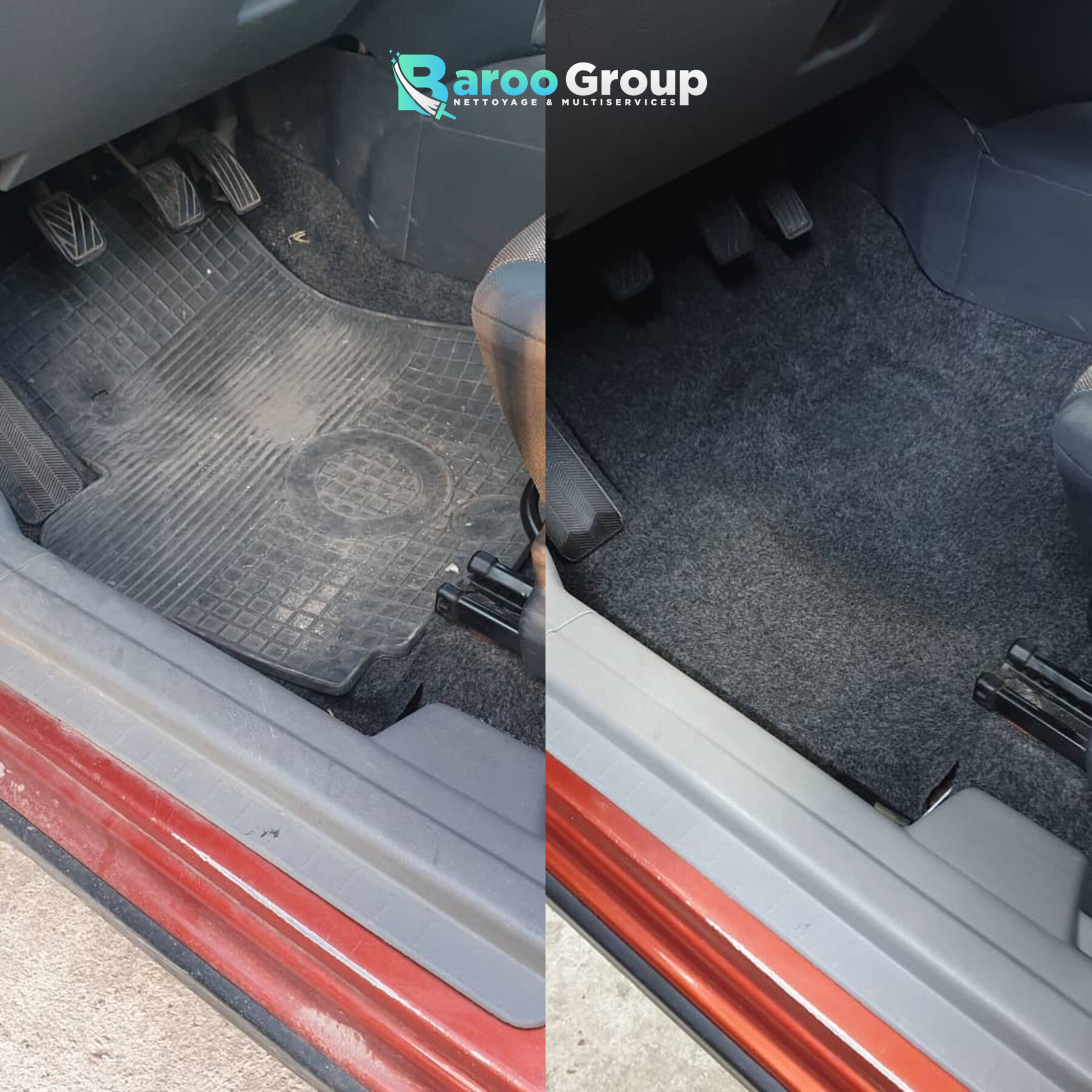 Moquette automobile avant et après nettoyage par Baroo Group
