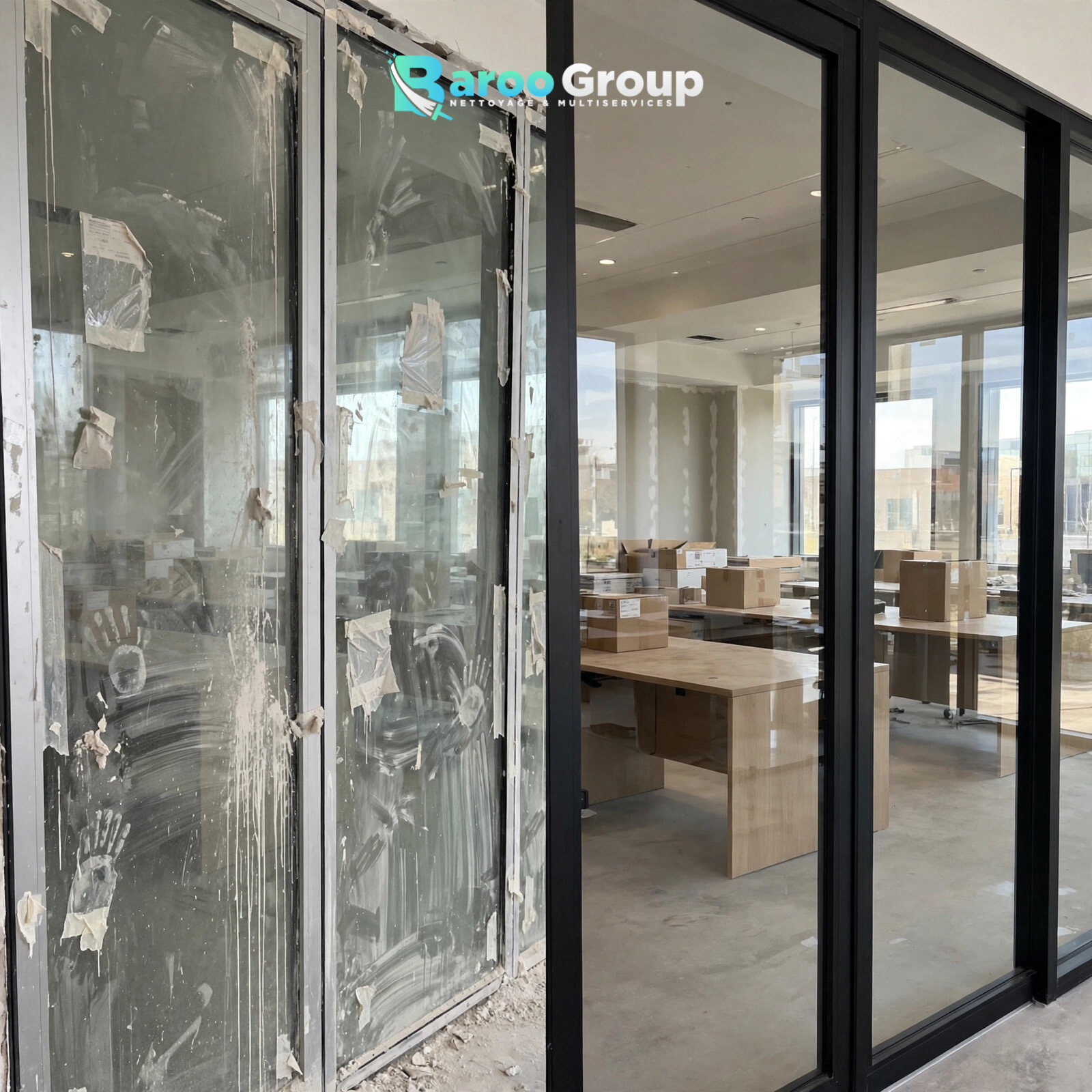 Nettoyage de baies vitrées en fin de chantier par Baroo Group