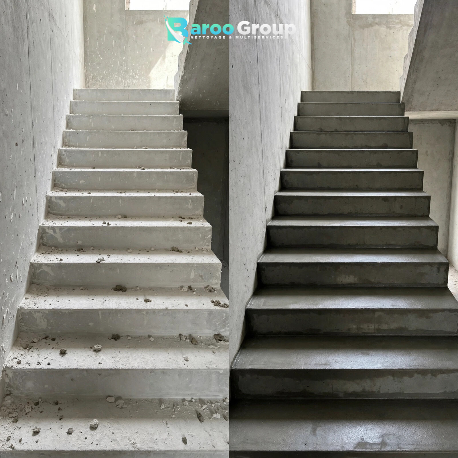 Escalier avant et après nettoyage de fin de chantier par Baroo Group