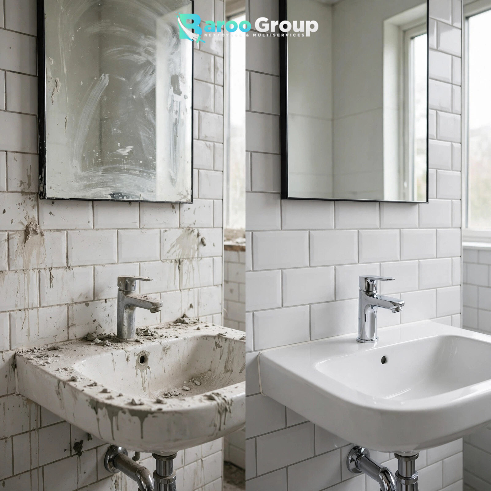 Salle d’eau avant et après nettoyage de fin de chantier par Baroo Group