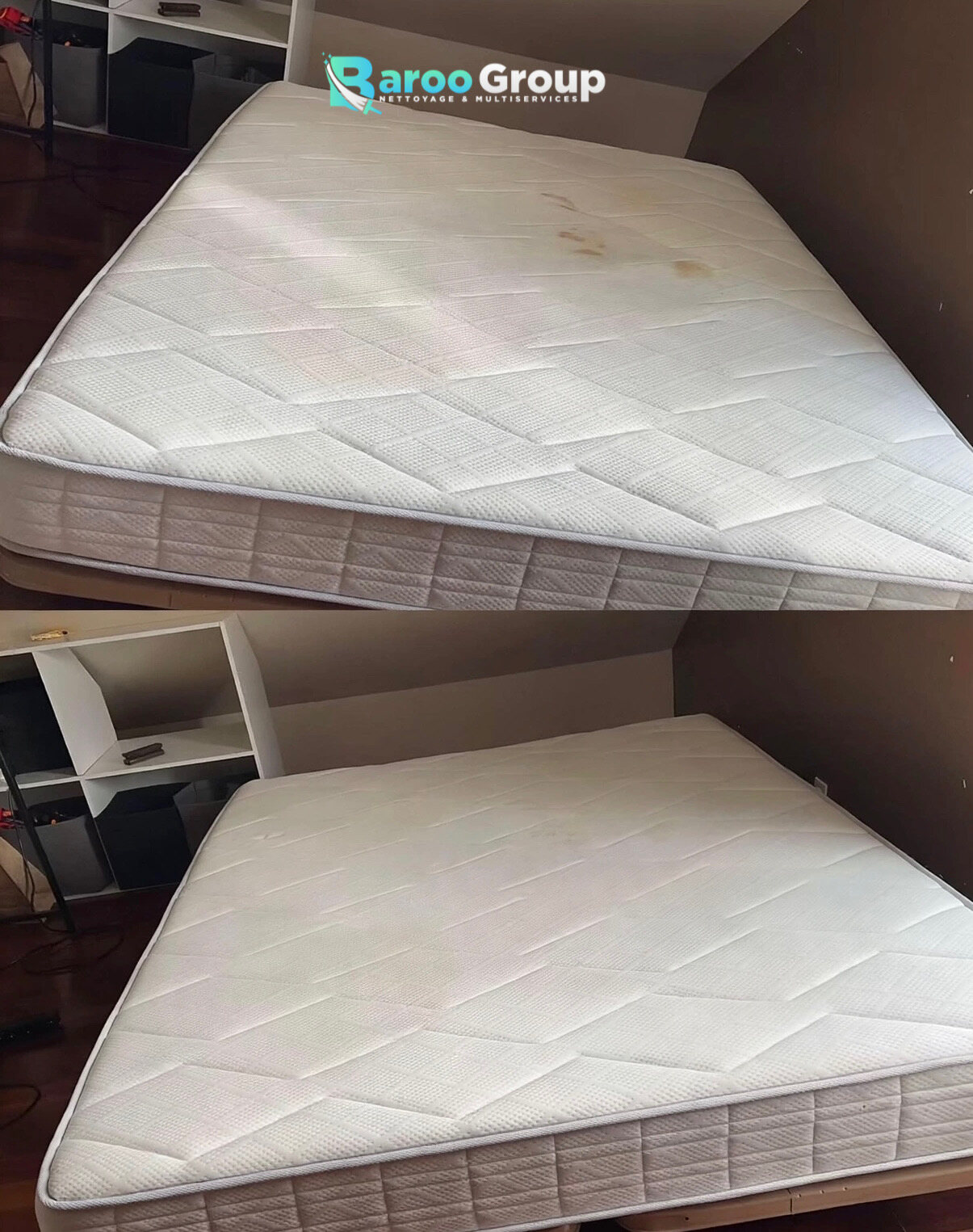 Matelas blanc avant et après nettoyage par Baroo Group