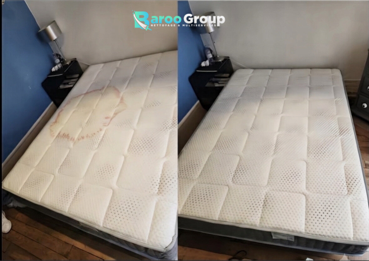 Matelas de chambre avant et après nettoyage par Baroo Group
