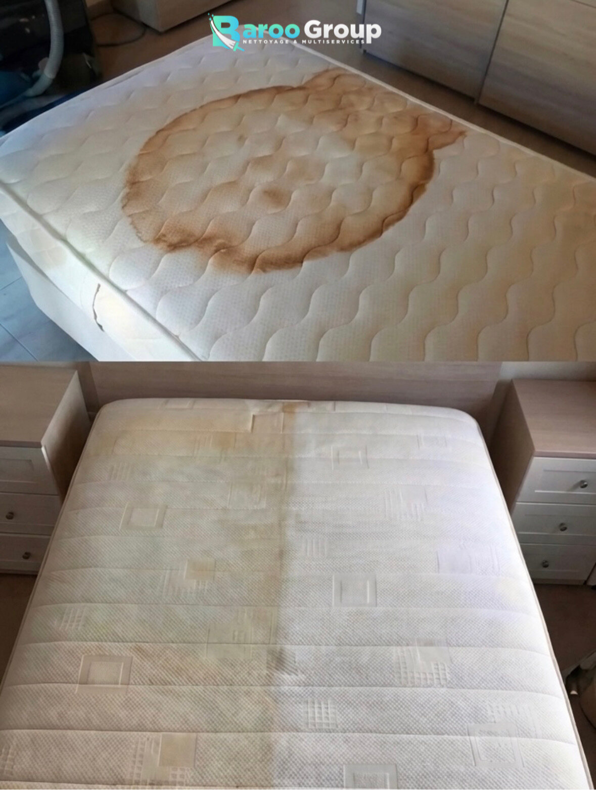 Matelas fortement taché avant et après nettoyage par Baroo Group